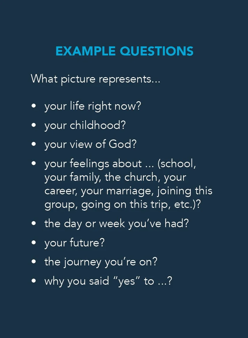 Slide with the title 'EXAMPLE QUESTIONS' listing questions about personal experiences, beliefs, feelings, future plans, journey, and reasons for decisions.