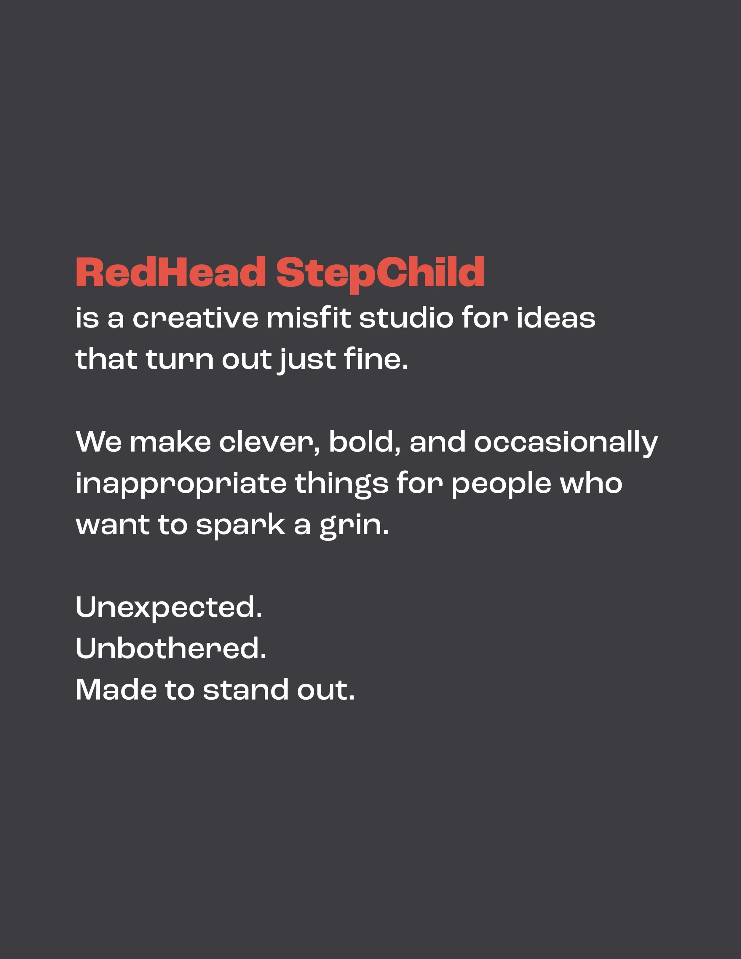 Text about RedHead StepChild, a creative misfit studio, on a dark background with red and white font.