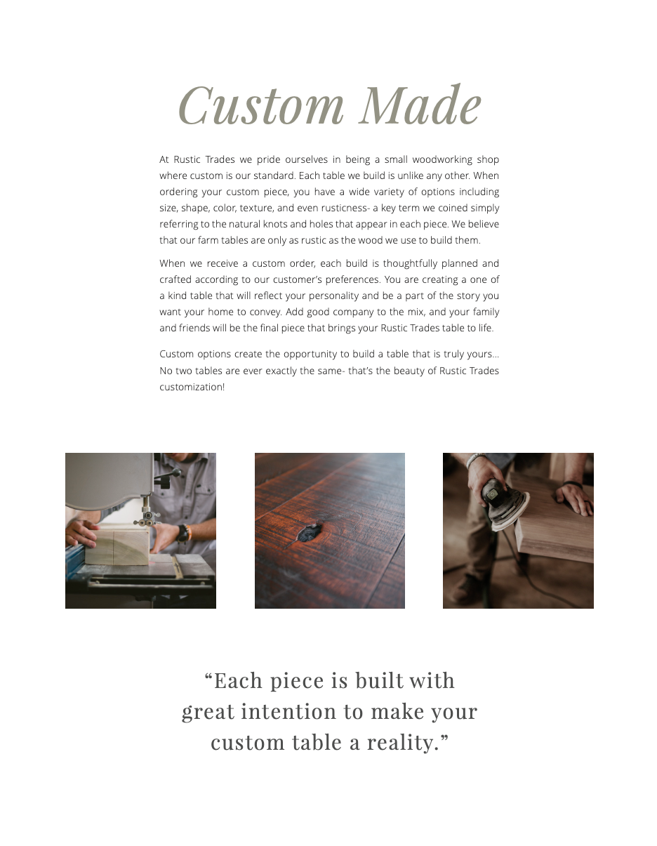 A webpage for Rustic Trades about custom-made woodworking tables, featuring text describing the craftsmanship and options, with three images of woodworking processes and materials.
