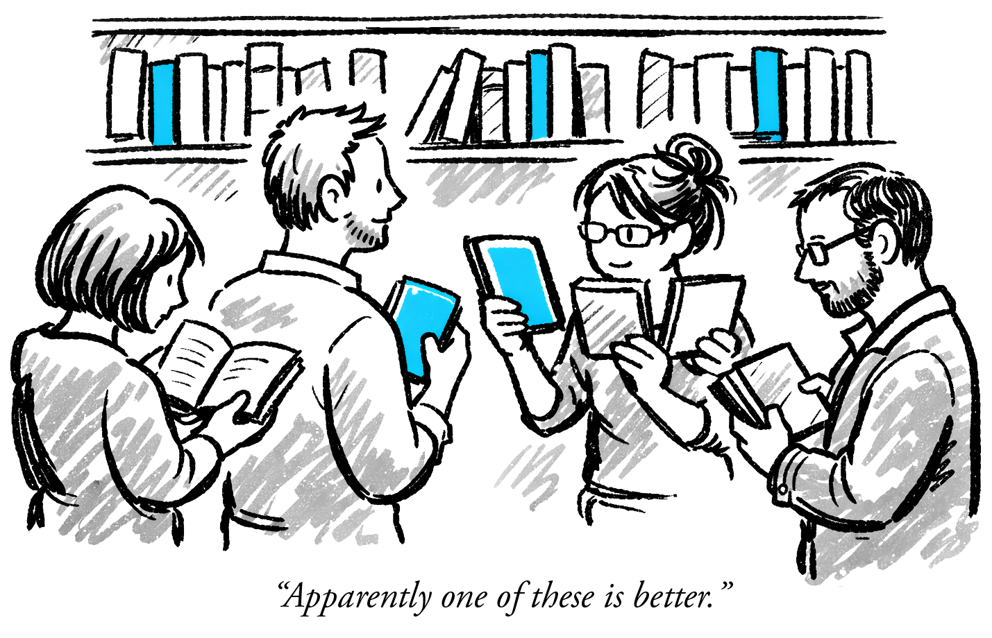 Line drawing of four people sitting in a library, all using electronic tablets. The background shows bookshelves with books, some highlighted in blue.