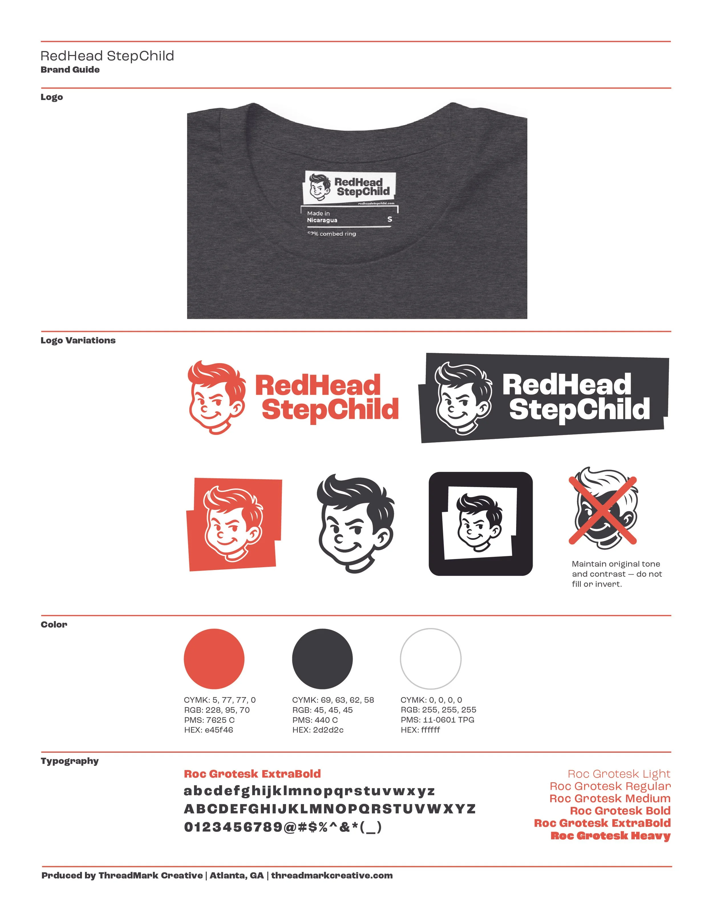Brand guide for RedHead StepChild, showing logo variations including a cartoon boy's face and text in red and black, color options in red, black, and white, and typography samples of various Roc Grotesk fonts.