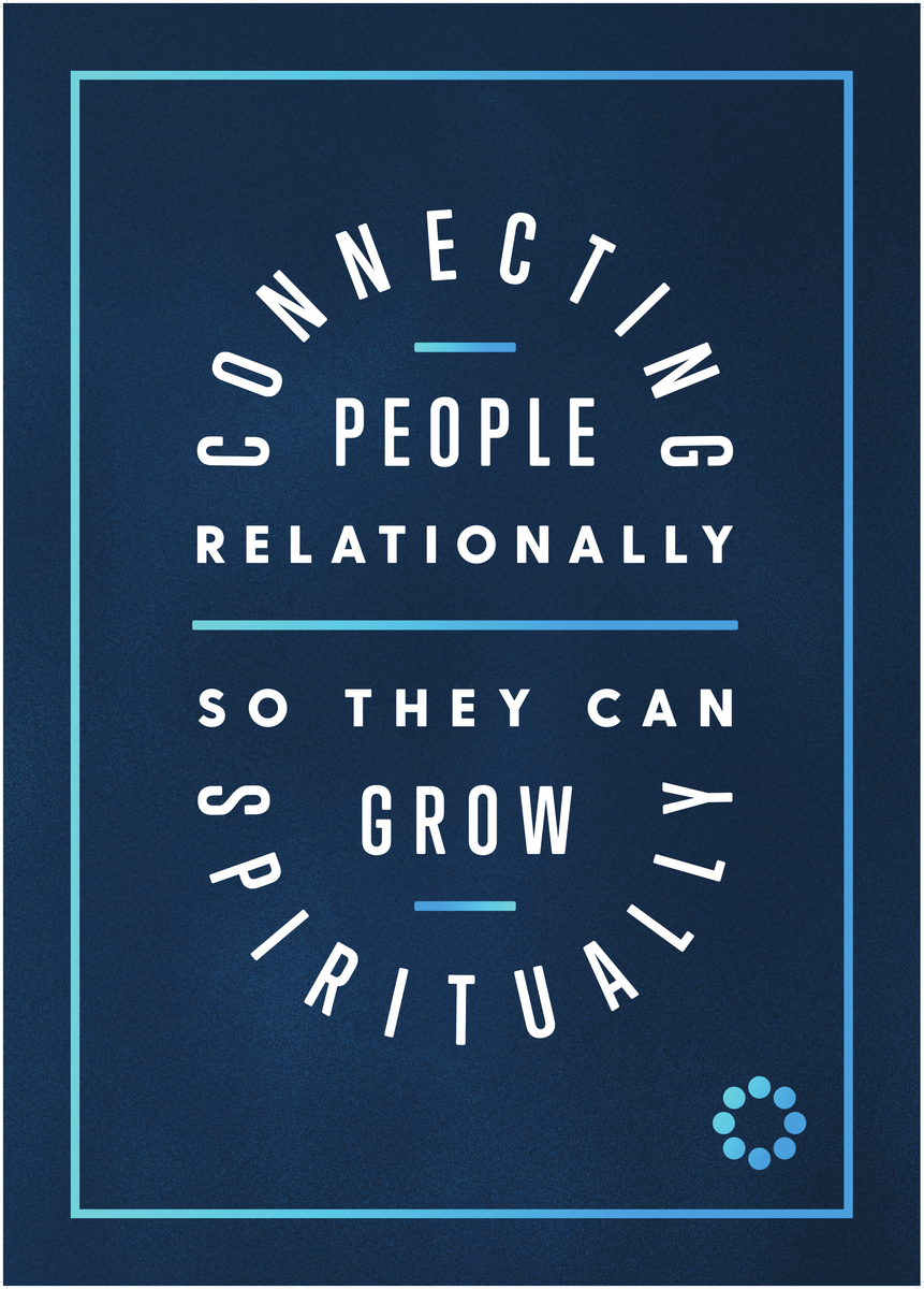Text on a blue background reading, 'Connecting people relationally so they can grow,' surrounded by a thin light blue border.