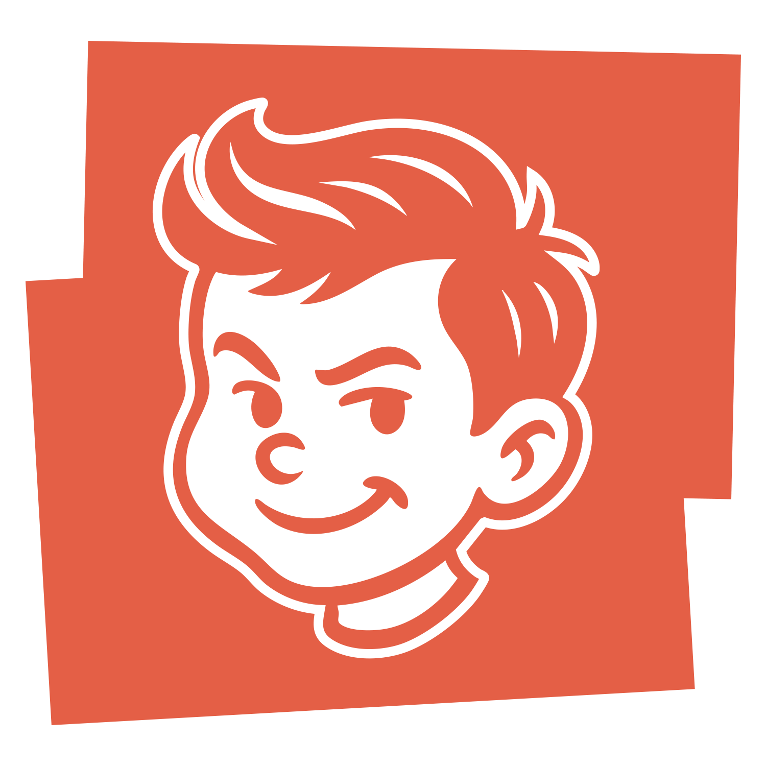 Illustration of a smiling boy with spiky hair on a red background.