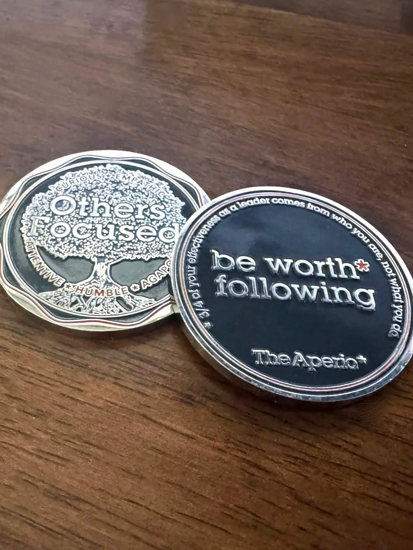 Two metallic tokens with motivational messages placed on a wooden surface. One token says "others focused" with a tree illustration, and the other says "be worth following" with a circular border.