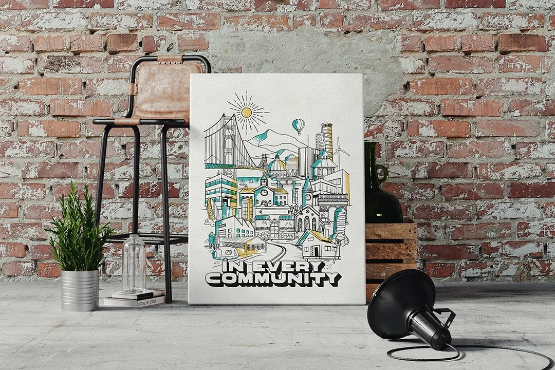 Artwork of a cityscape with various buildings, bridges, mountains, and a hot air balloon, with the phrase "In Every Community" at the bottom, placed against a brick wall.