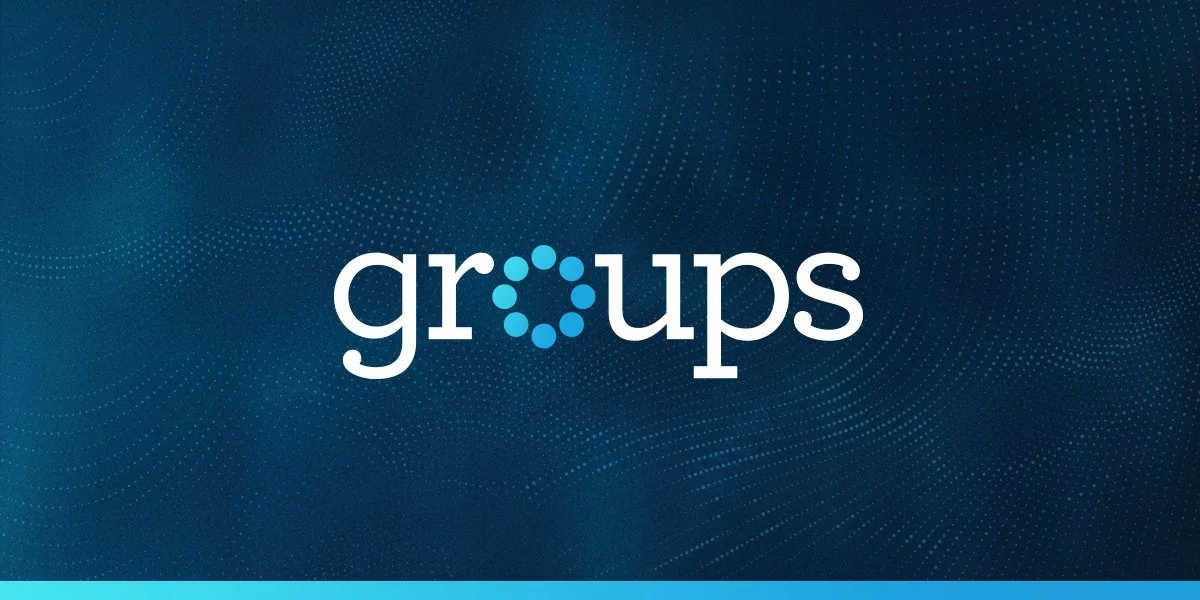 Digital graphic with the word 'groups' in white lowercase letters, with the 'o' replaced by a circle of blue dots, set against a dark blue background with a light dotted wave pattern.