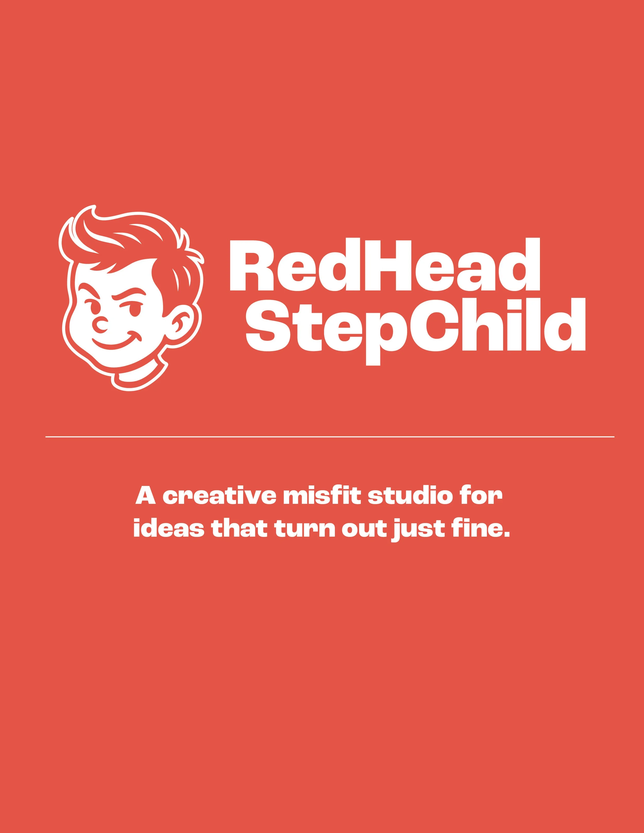 RedHead StepChild logo with a cartoon boy's face and text that reads, 'A creative misfit studio for ideas that turn out just fine.'