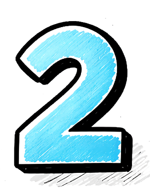 Hand-drawn blue number two with black outline on a white background.