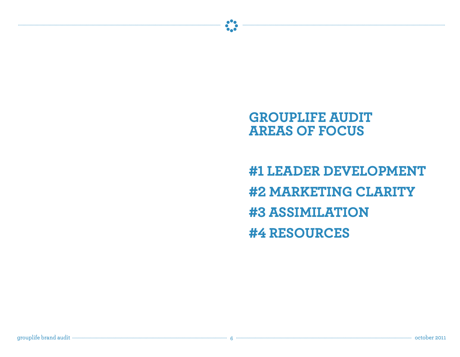 Text slide titled 'GroupLife Audit Areas of Focus' listing four focus areas: 1. Leader Development 2. Marketing Clarity 3. Assimilation 4. Resources, with a footer indicating 'grouplife brand audit' and the date October 2011.