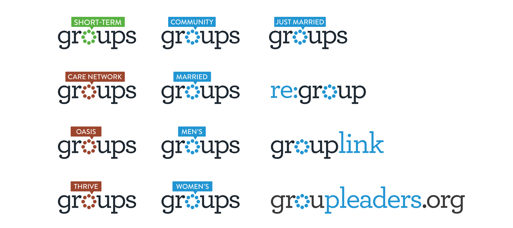 A collection of organizational logos with the word 'groups' and different descriptive labels such as 'short-term', 'community', 'just married', 'care network', 'married', 're:group', 'oasis', 'men's', 'grouplink', 'thrive', 'women's', and 'groupleaders.org'. Each logo features the word 'groups' with a circular icon replacing the 'o', and the labels are in various colored boxes above or beside the logos.