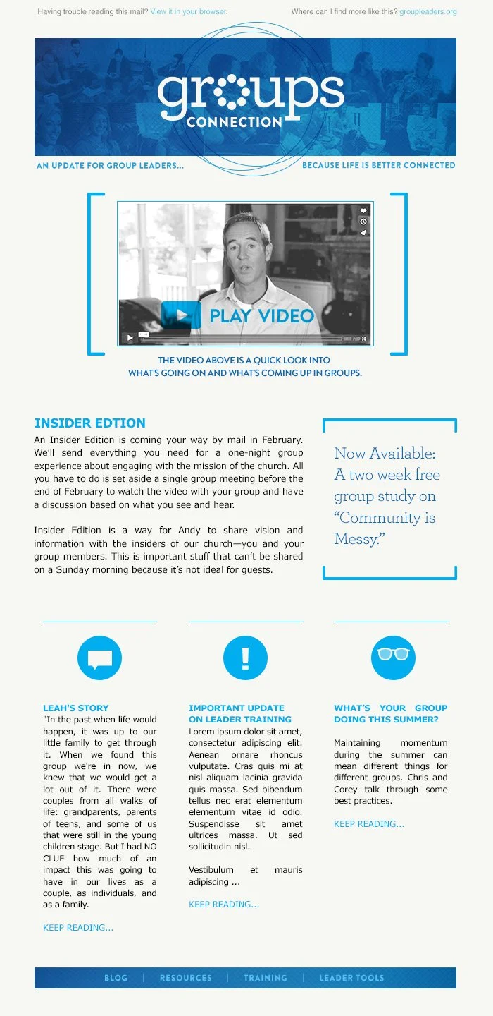 Newsletter titled 'Groups Connection' featuring a video thumbnail and sections about insider edition, group study, leader training, and group practices for church leaders.