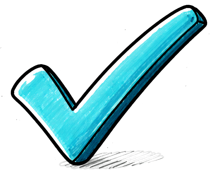 A large, blue check mark symbol with a black outline.