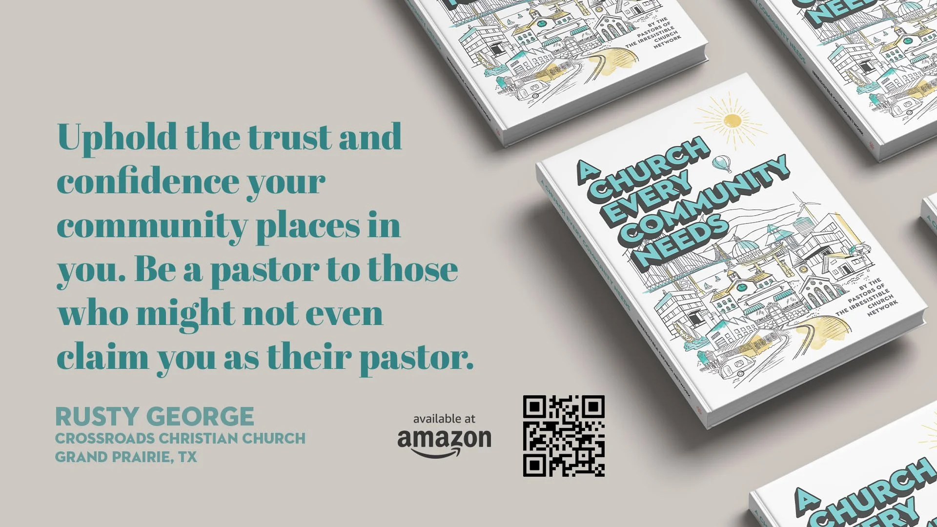 A promotional display for a book titled "A Church Every Community Needs," featuring illustrations of a neighborhood with houses, churches, and wind turbines. The text encourages community trust and confidence, and to be a pastor to those who might no