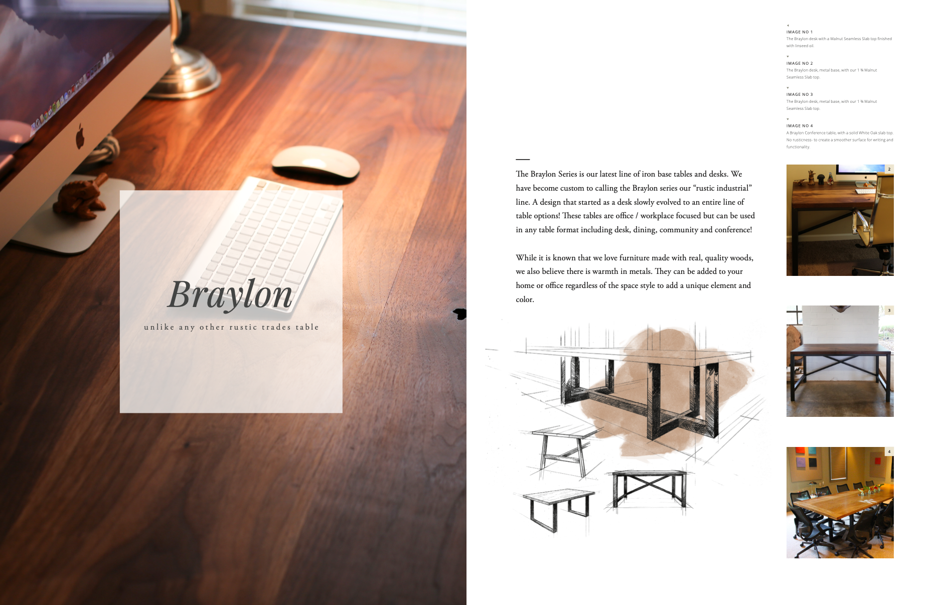 Close-up of a wooden desk with a computer, mouse, and a small figurine, with a transparent overlay text reading "Braylon unlike any other rustic trades table."