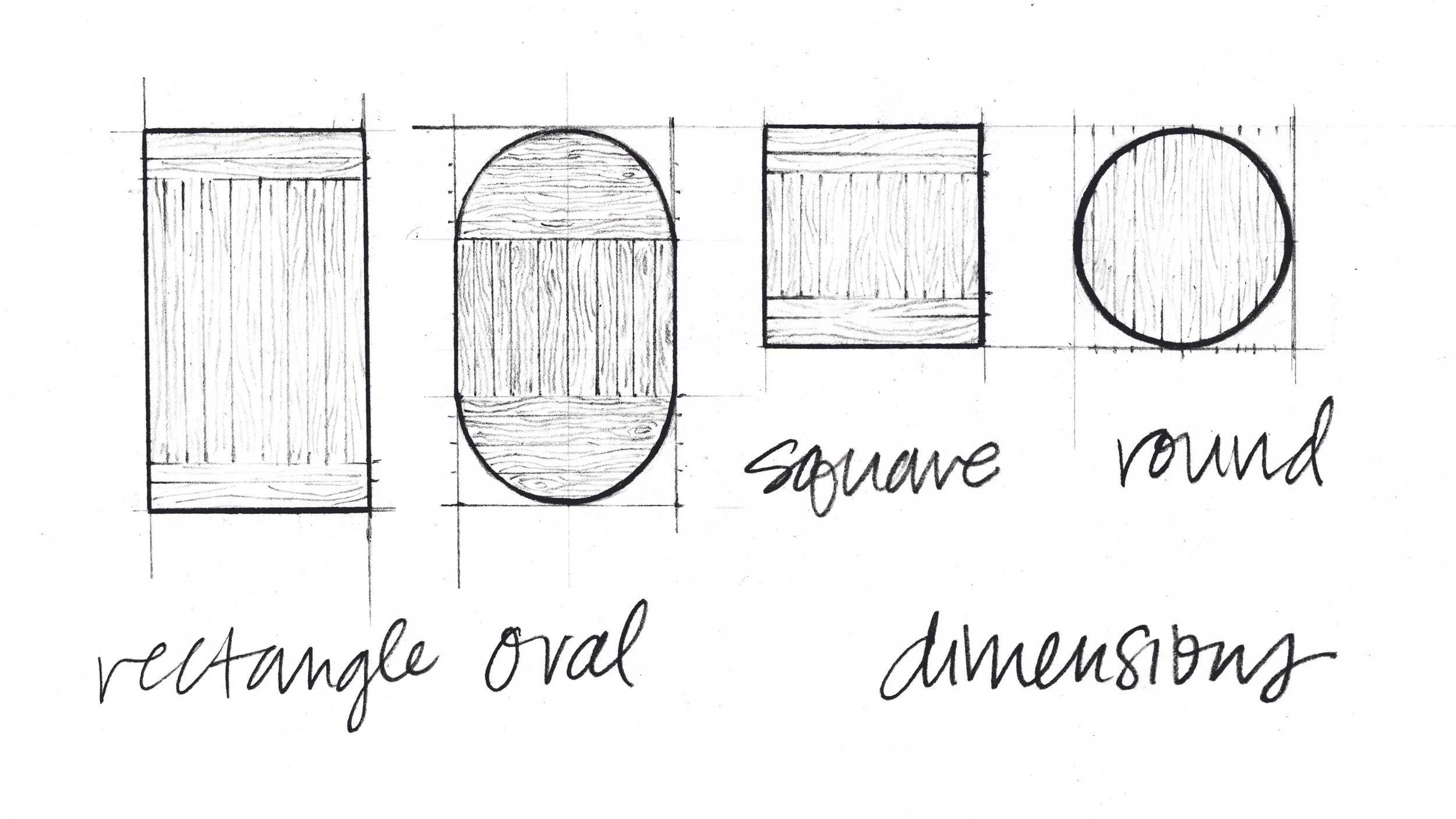 Sketch of various geometric shapes and their names, including a rectangle, an oval, a square, and a circle, with handwritten labels for each shape and the words 'rectangular,' 'oval,' 'square,' and 'round' and 'dimensions'.