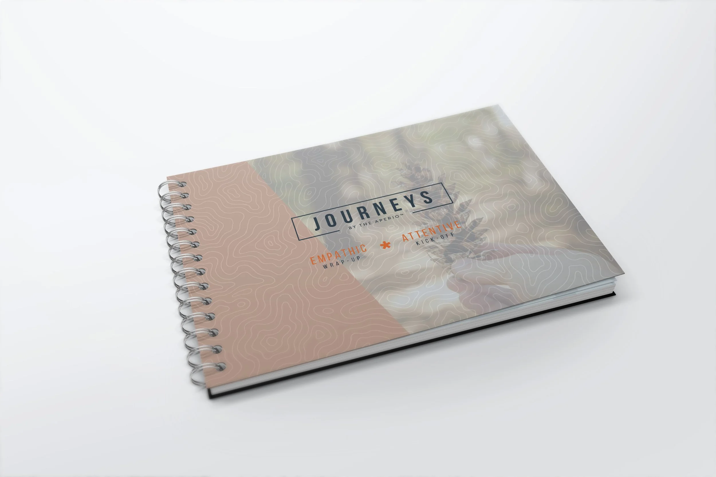 A spiral-bound booklet titled 'Journeys by the Apero' with a background of topographic map lines, featuring the words 'Empathic' and 'Attentive' with arrows pointing to 'Wrap-up' and 'Kick-off' respectively.