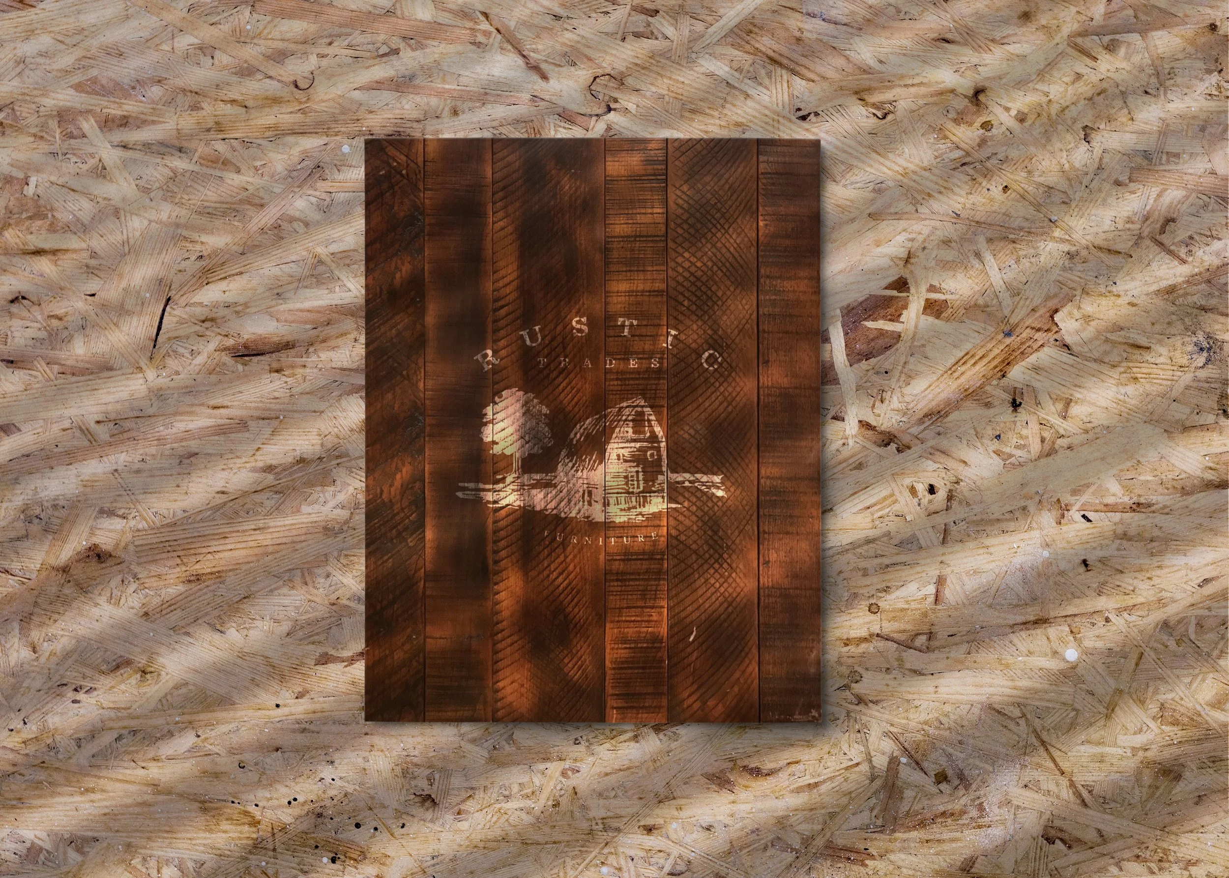 A wooden sign with the logo and name 'Rustic Trades Furniture' engraved on it, placed on a plywood surface.