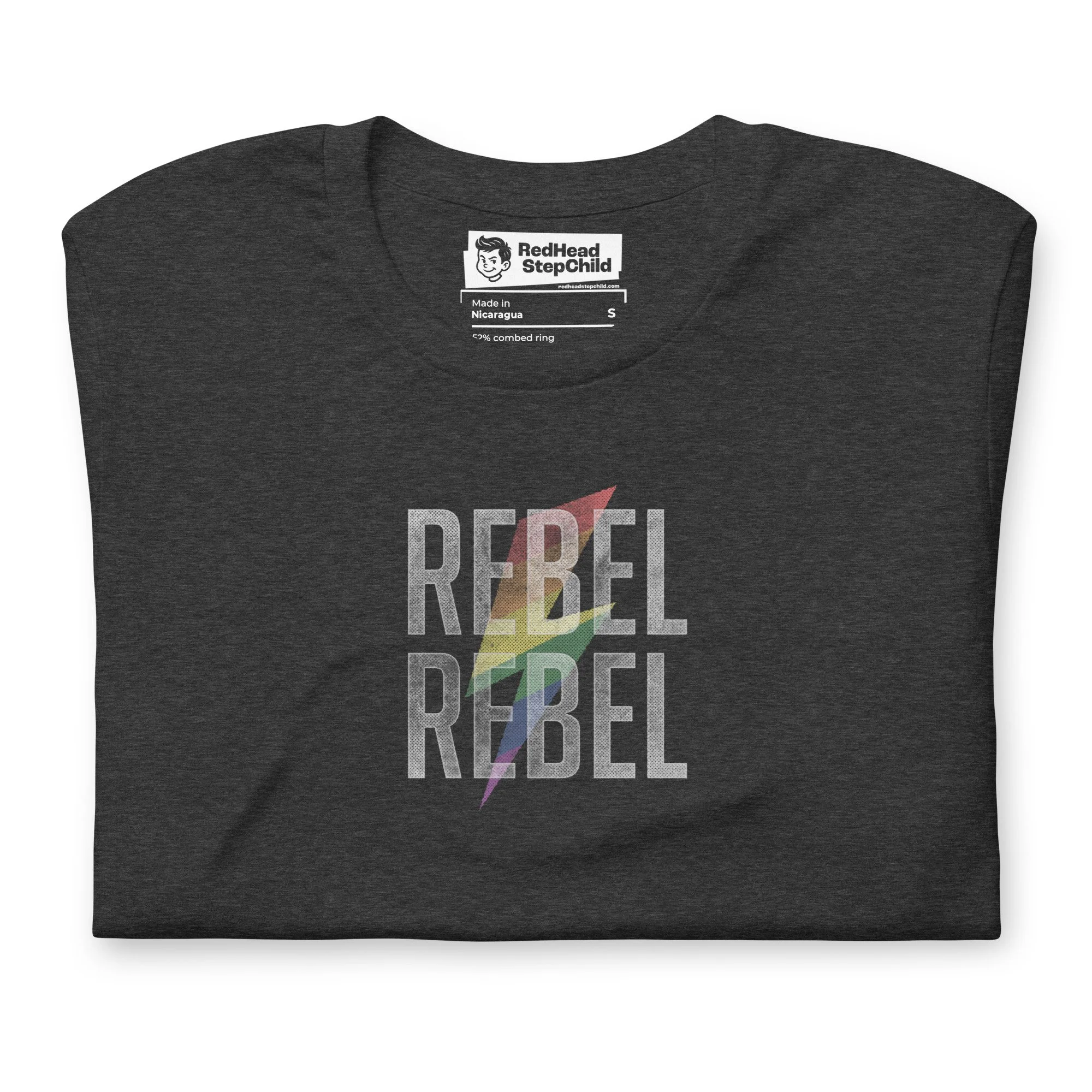 Gray T-shirt with a rainbow-colored lightning bolt graphic and the words 'REBEL REBEL' printed vertically in large font.