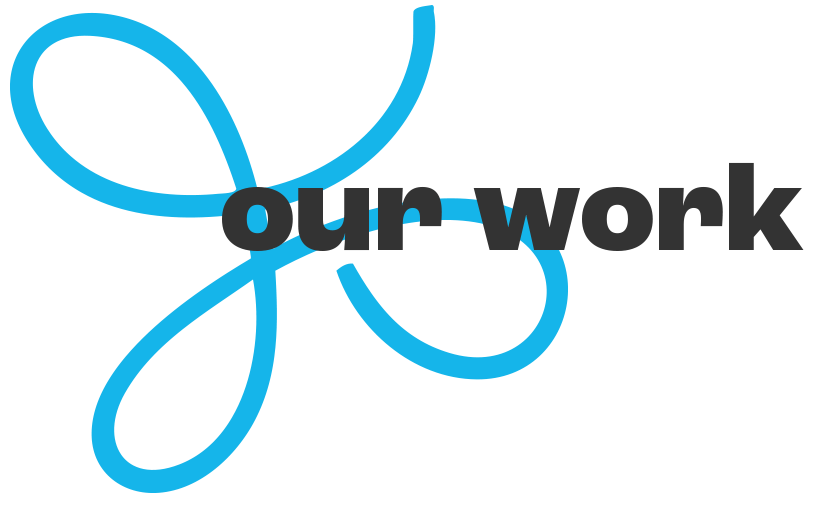 A transparent background graphic with a blue looped design and the words "our work" in bold gray text overlaid.