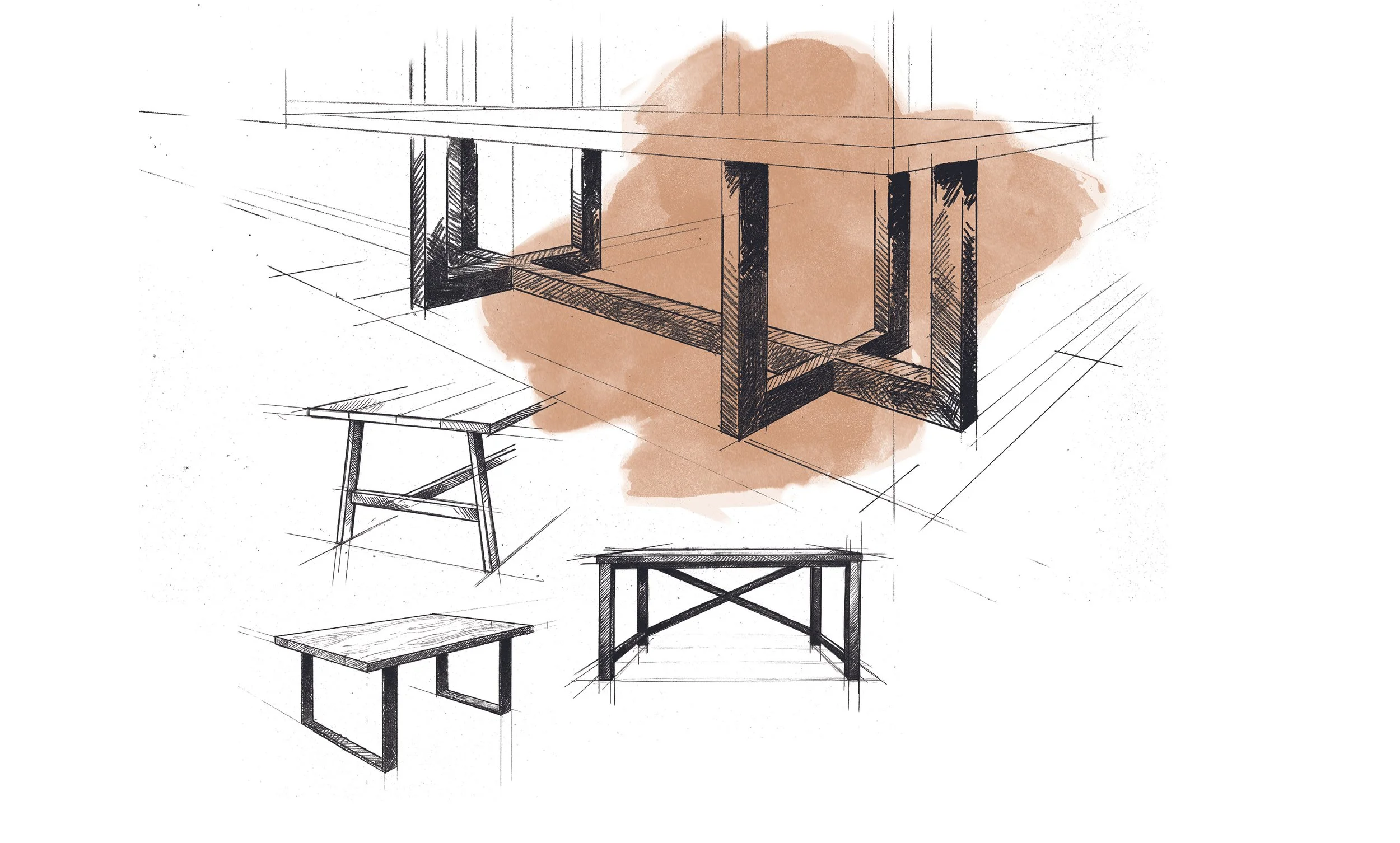 Sketches of three different tables in black ink with lines illustrating construction and design, with a brown watercolor background.