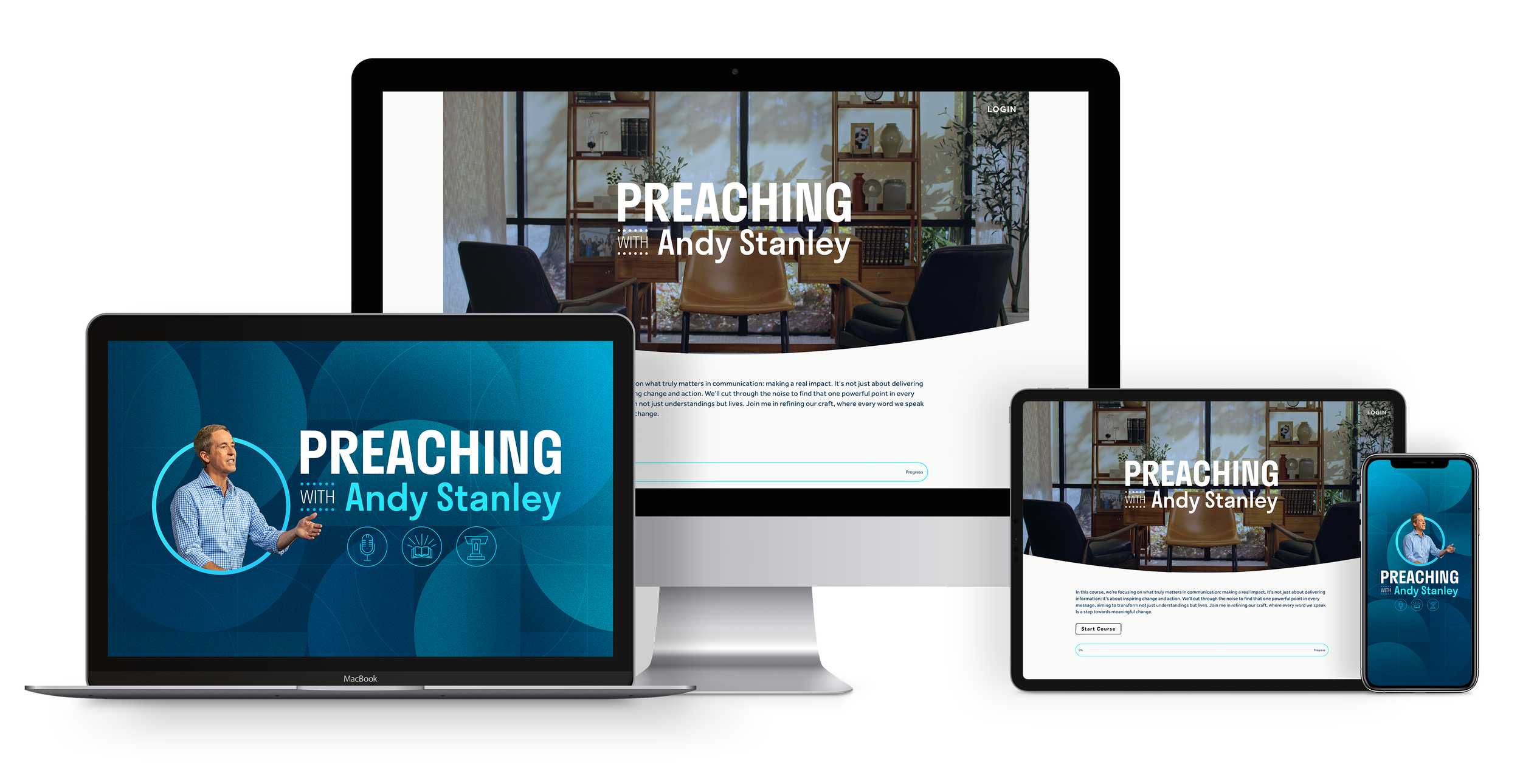Multiple electronic devices displaying a course titled "Preaching with Andy Stanley." Devices include a desktop monitor, a laptop, a tablet, and a smartphone, all showing different views of the course interface.