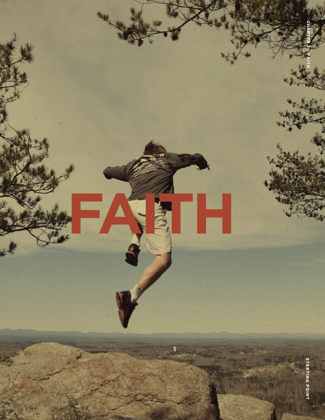 Person jumping off a rock in an outdoor setting with trees, with the word 'FAITH' overlaid.
