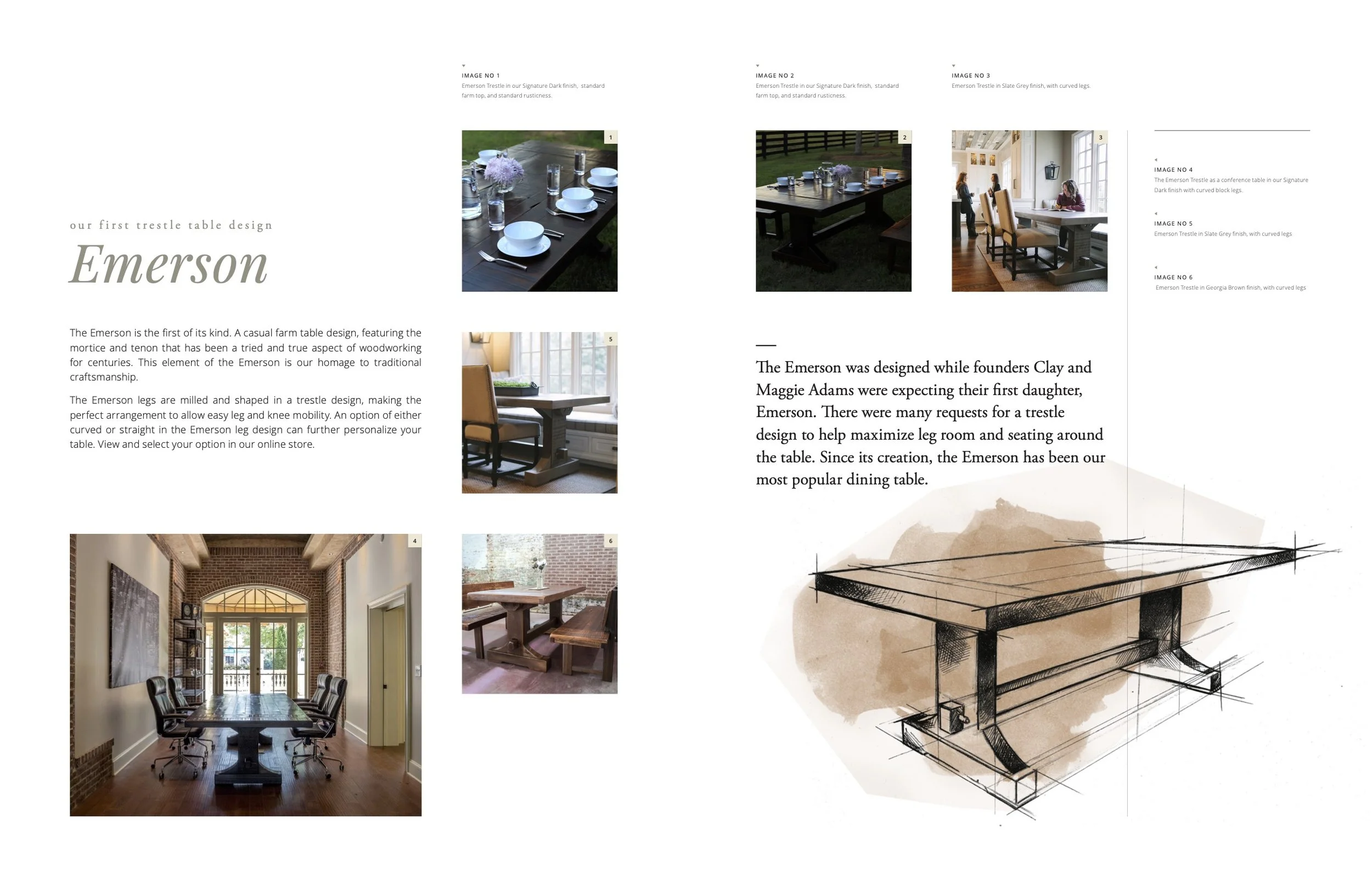 Design brochure for Emerson trestle dining table featuring images of the table in different settings, close-up of the table's construction, and a sketch of the table design.