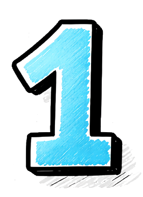 A large, hand-drawn style blue number one with black outline on a white background.