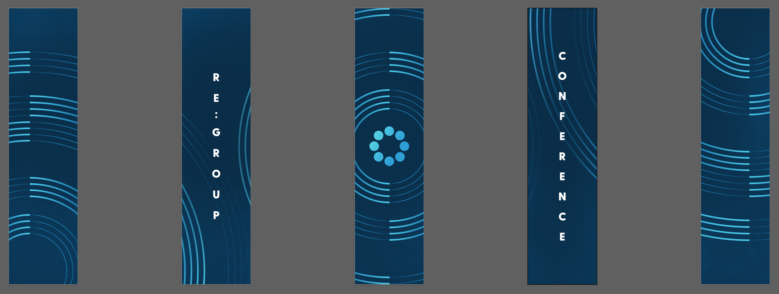 Six vertical digital banners with blue background and light blue circular and curved line patterns. The third banner has a circular pattern in the center. The second and fourth banners have the words "RE: GROUND" and "CONFERENCE" written vertically i