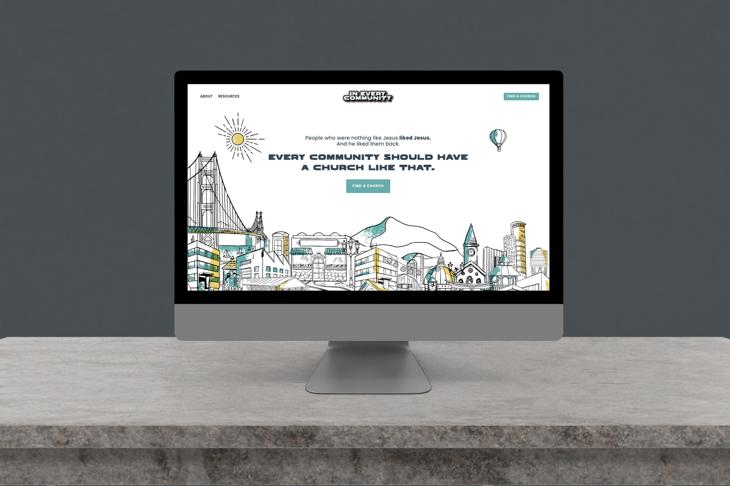 Computer screen displaying a webpage for a community church with a cityscape illustration, including landmarks like a bridge and mountains.