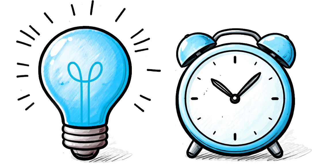 Illustration of a light bulb and an alarm clock, both in shades of blue.