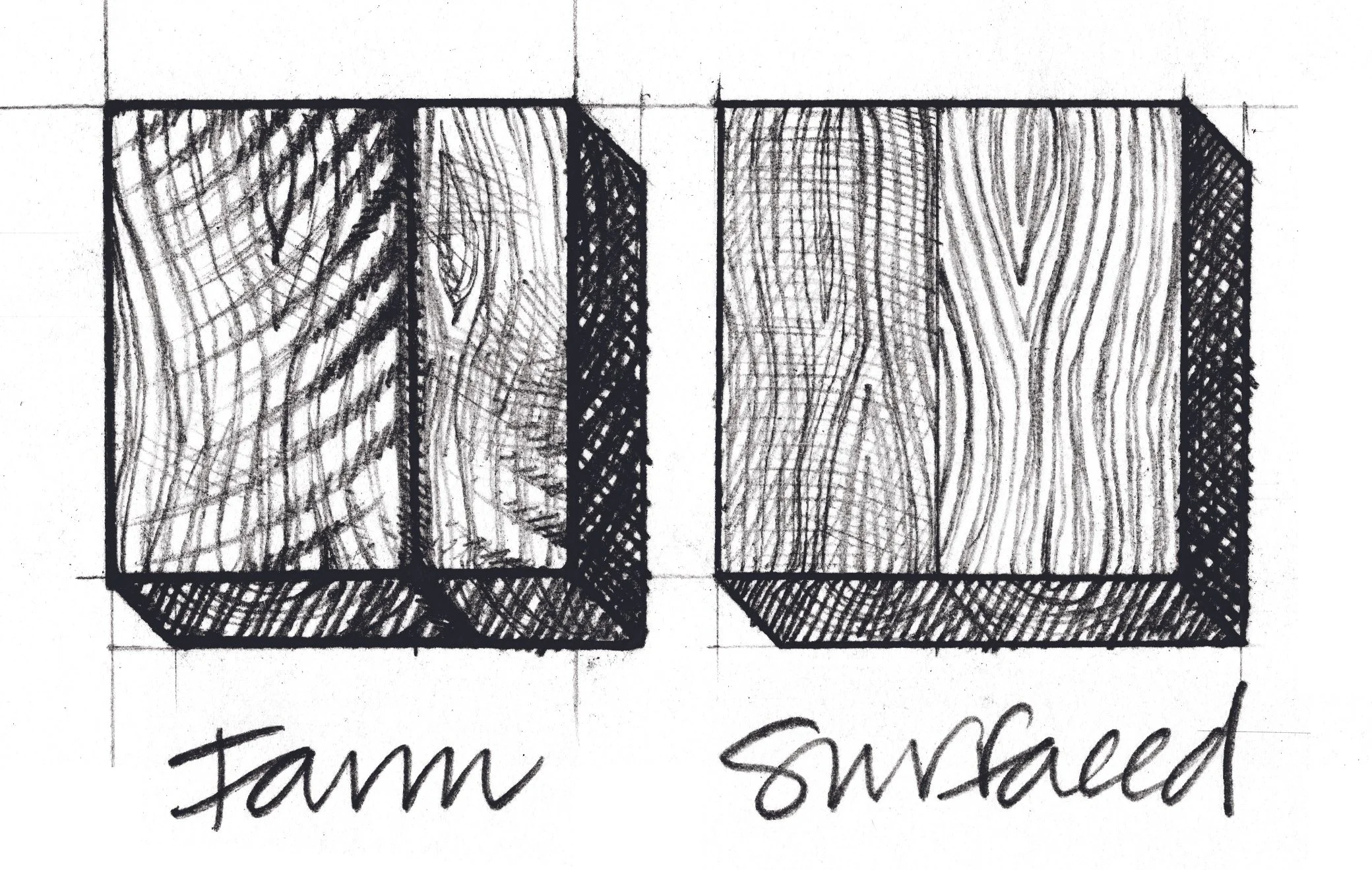Side view of a cube, with the left side shaded and labeled 'Farn' and the right side shaded and labeled 'Surface', illustrating different textures or surfaces.