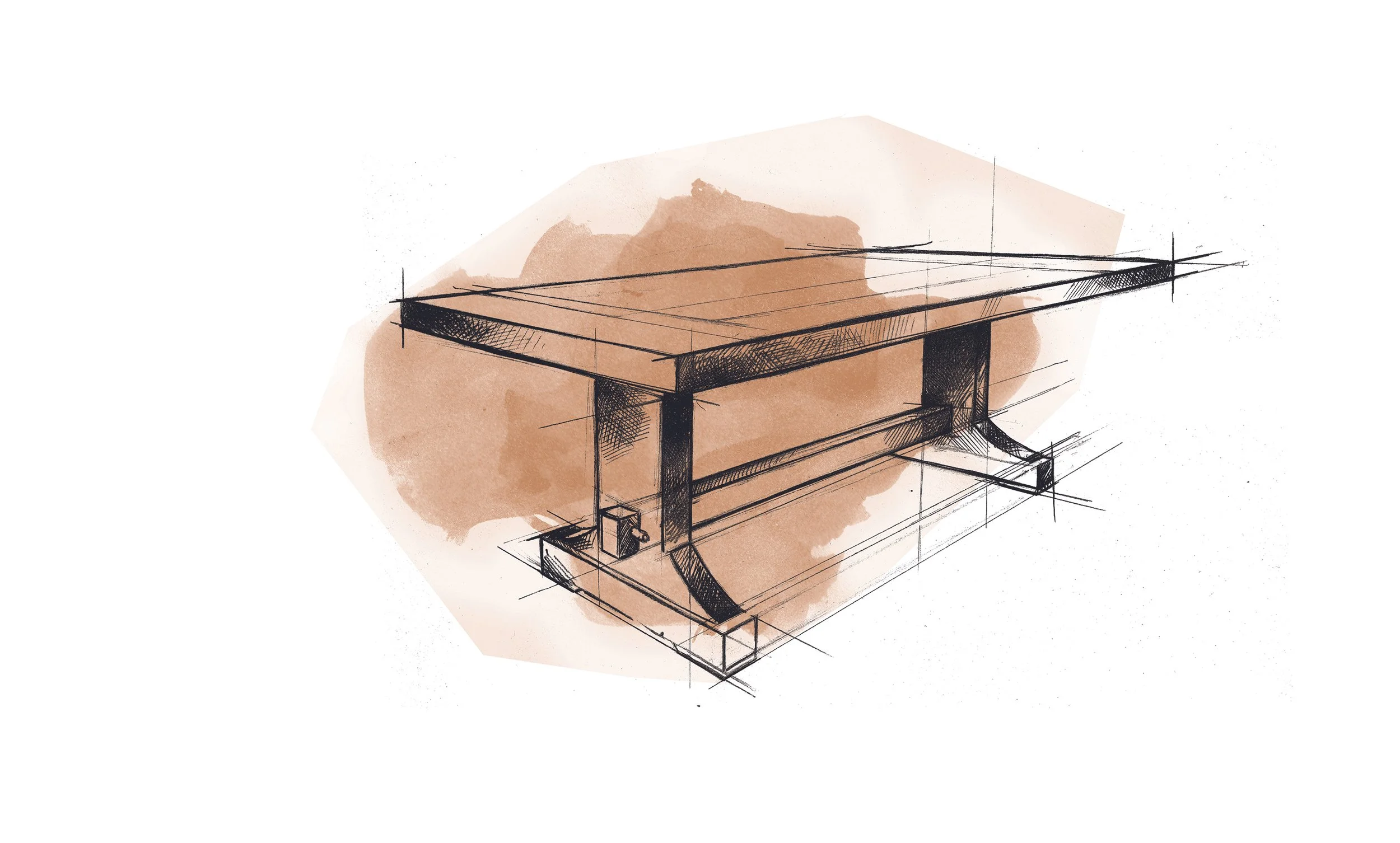 Sketch of a modern table design with a rectangular top, supported by curved legs and a shelf underneath, set against a paper background.