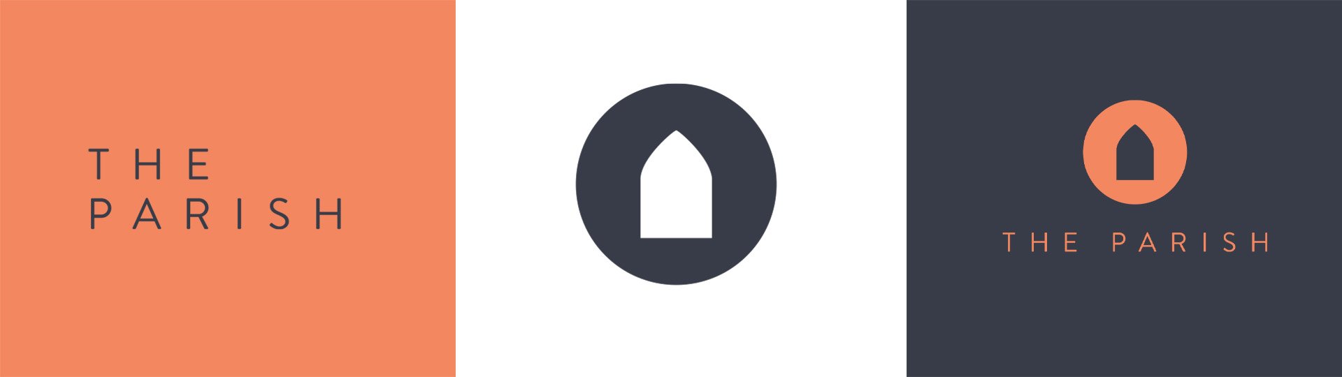 Logo design with three sections: left section has orange background with black text reading 'The Parish', middle section has a white background with a black circle and an icon of a church window, right section has a dark background with an orange circle containing a church window icon, and below it the text 'The Parish' in orange.