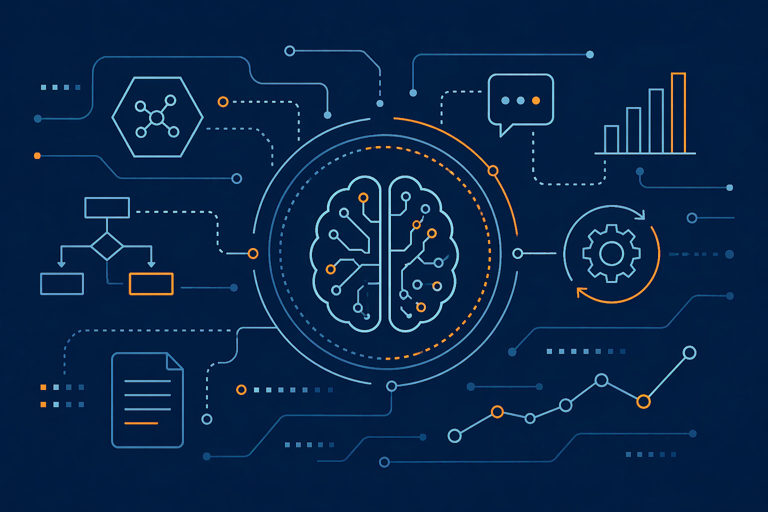 A digital illustration of a brain with circuit lines, surrounded by icons representing data analysis, graphs, gears, and flowcharts, against a dark blue background.