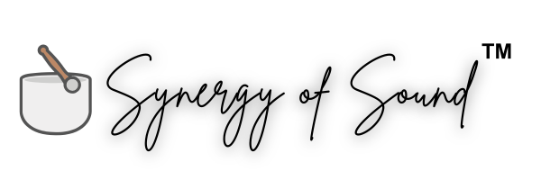 Logo with a singing bowl and a spoon, with the text 'Synergy of Sound' in cursive and a trademark symbol.
