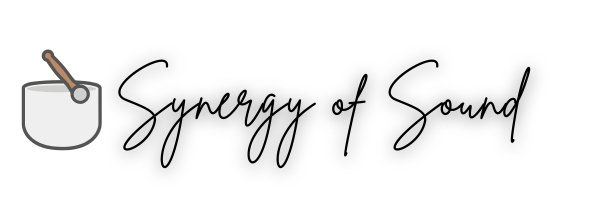 Logo with a singing bowl and the words 'Synergy of Sound' in cursive font.