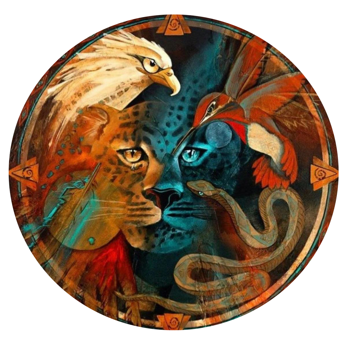 A circular artwork featuring a jaguar and a falcon on the left and right sides, with a snake at the bottom, and an eagle at the top, all intertwined in a vivid, colorful composition.
