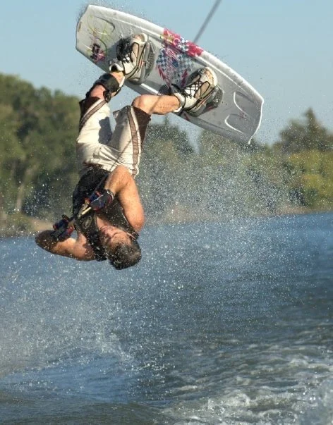 A “backroll” during David's heyday as a competitive wakeboarder