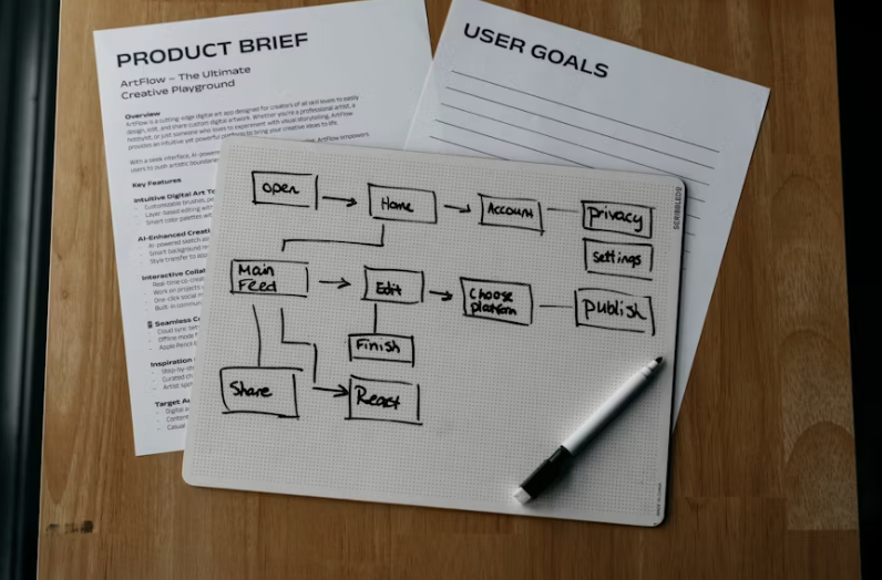 A whiteboard with a flowchart showing steps for creating content, surrounded by two sheets of paper titled 'Product Brief' and 'User Goals' on a wooden surface.