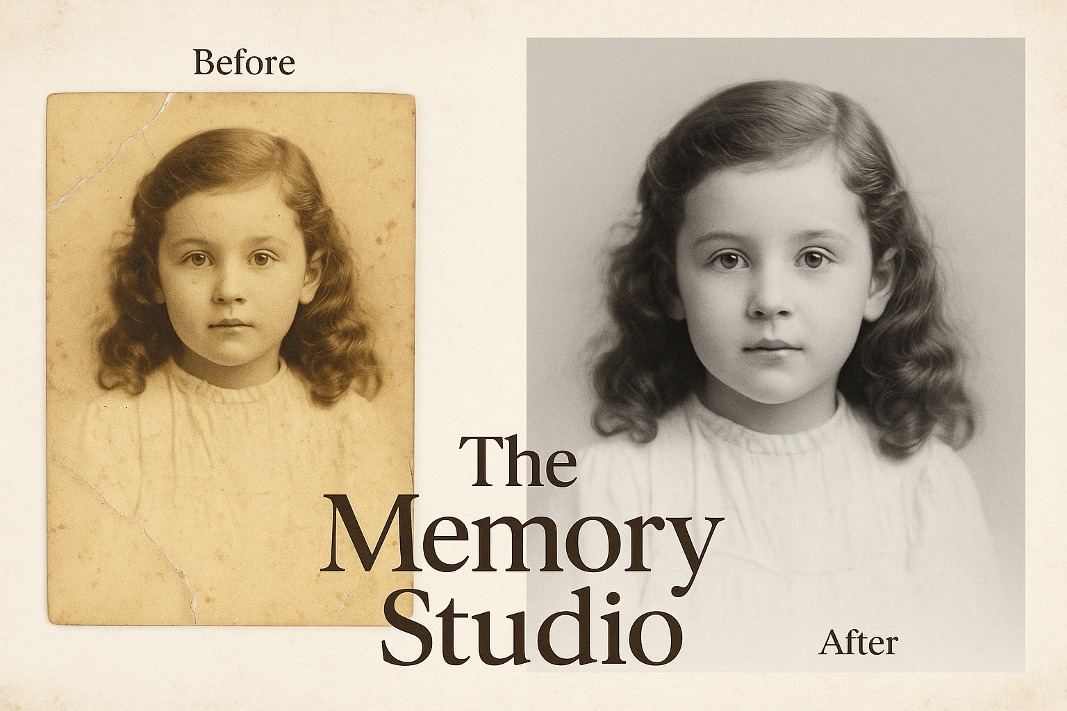 Before and after photo restoration of a vintage portrait showing improved clarity and detail by The Memory Studio.