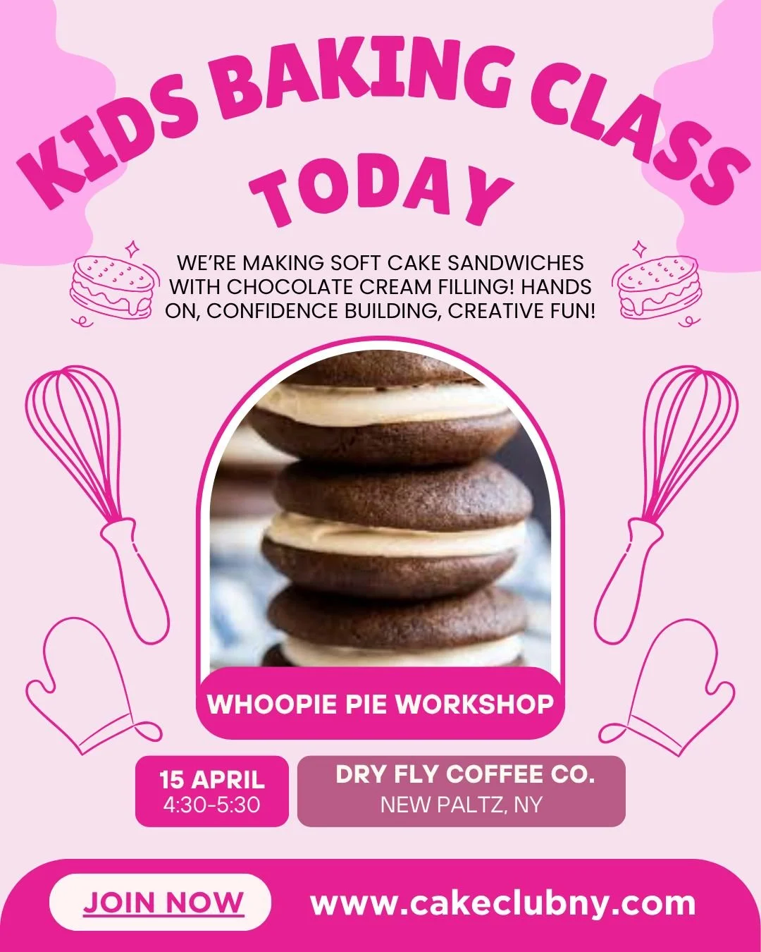 Looking for an after school activity? Come to our drop-off Whoopie Pie (little cake sandwich with marshmallow cream) class! Added bonus, you'll get to take some home too! Kids 5-11 welcome.