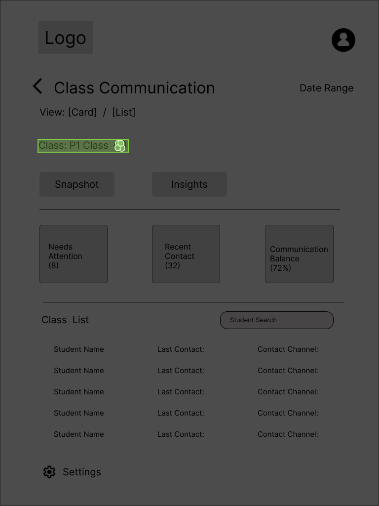 Lyssna click map showing teachers selecting a class from the dropdown to navigate between classes and access class-level information