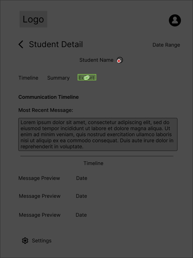 Lyssna click map showing participants navigating a student detail page to review communication history and export information.