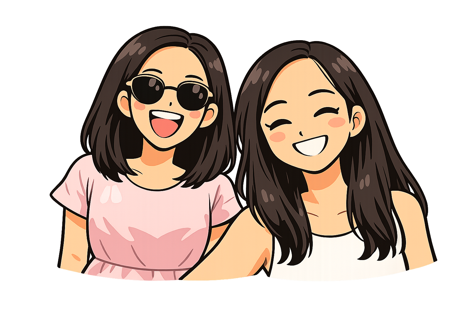 Two females smiling in drawing one with shorter hair and sunglasses pink dress. The other in white shirt.
