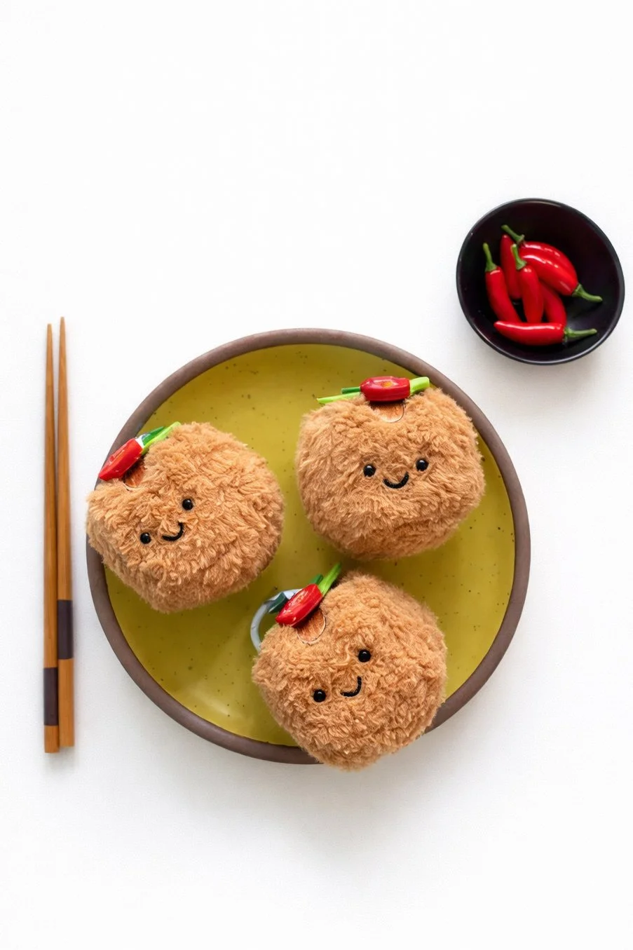 Three stinky tofu plushies on a yellow plate with sliced red chili and green kimchi leaves on top, a small saucer of red chili on the right, and chopsticks on the left.