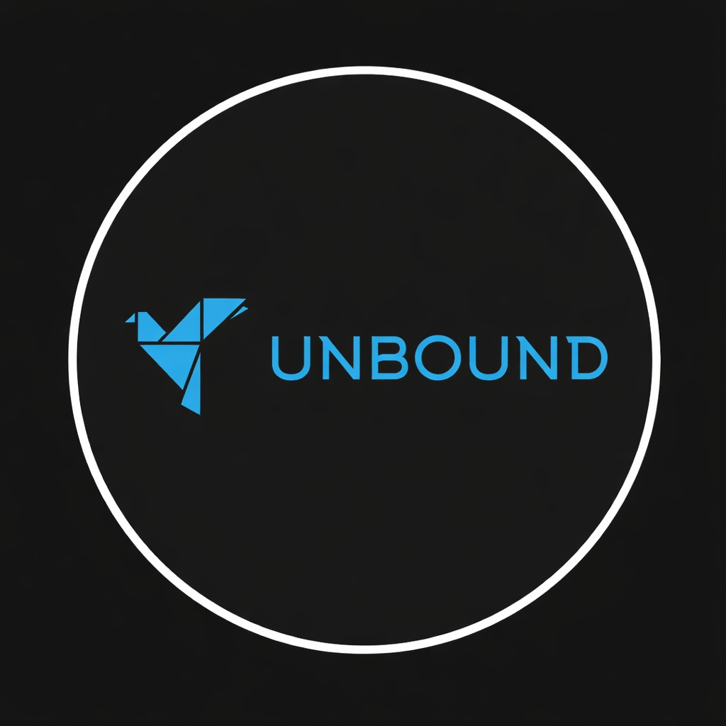 A black background with a white circular outline. Inside, there is a blue digital geometric bird icon to the left of the word 'UNBOUND' in blue capital letters.
