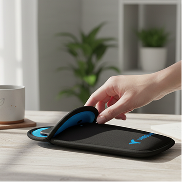 A person activating a portable black and blue wireless speaker on a light wooden table with a coffee mug, potted plant, and shelves in the background.