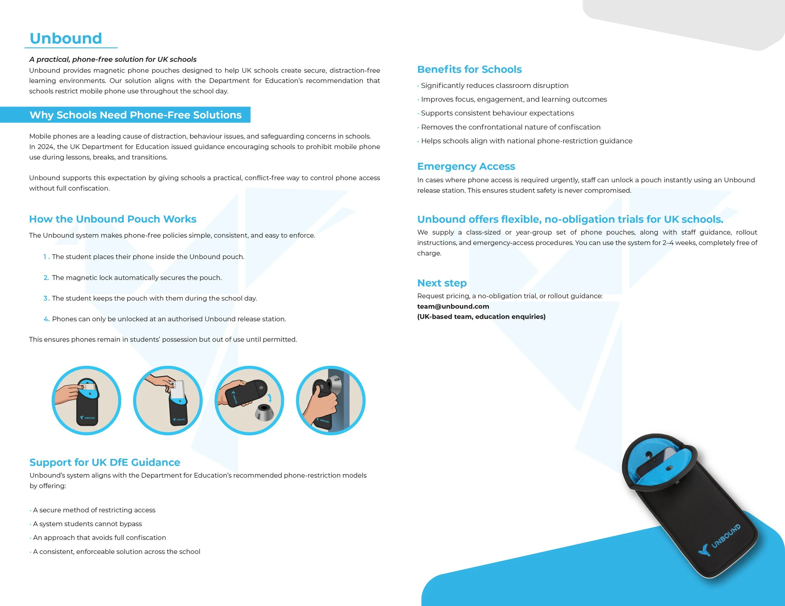 Information sheet about Unbound, a phone pouch solution for UK schools, explaining how it works, its benefits, emergency access, and guidance support, with illustrations and a photo of the pouch.