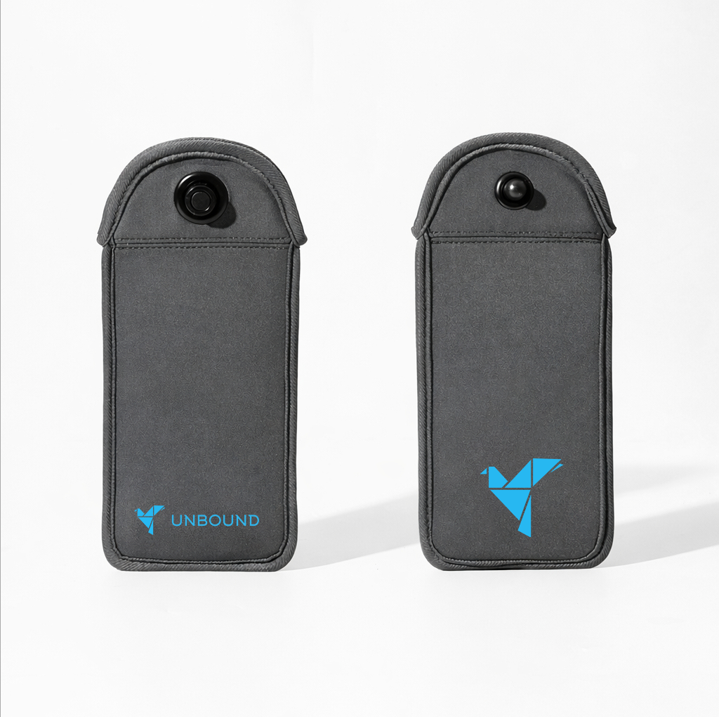 Two gray handheld devices with black cameras on top, branded with blue logos and the word "UNBOUND."